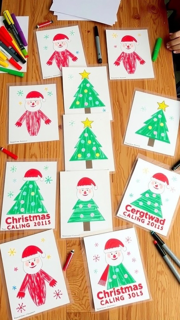 Handmade Christmas cards with festive designs by children, displayed on a crafting table.
